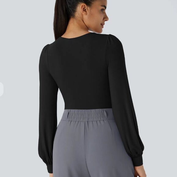 (NWT) Halara Women's V Neck Puff Sleeve Work Bodysuit Long Sleeve Black New - Picture 10 of 13